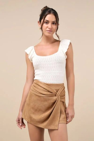 Lulus City Delights Light Brown Suede Twist-front High-rise Skort