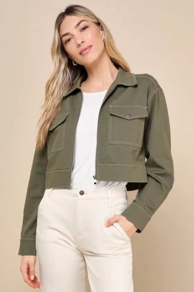 Lulus City Walks Olive Green Twill Collared Cropped Jacket