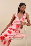 Lulus Clarrie Pink Floral Crinkle Satin Ruffled Midi Dress In Pink