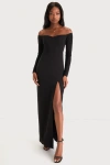 Lulus Classic Allure Black Off-the-shoulder Long Sleeve Maxi Dress In Black