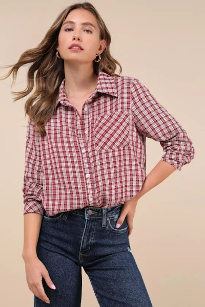 Lulus Classic Attitude Red Plaid Collared Long Sleeve Button-up Top