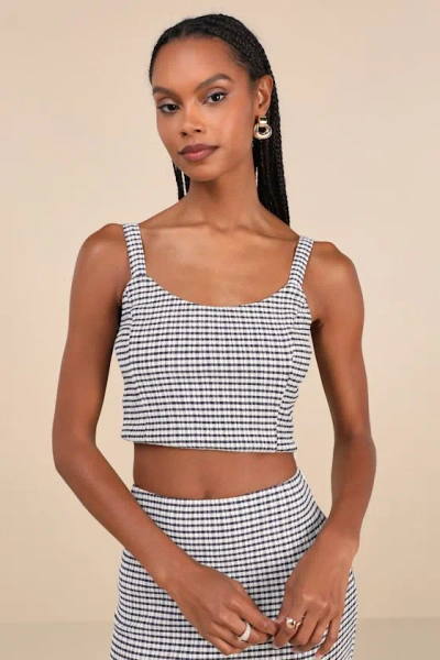 Lulus Classic Choice Navy Blue Gingham Square Neck Cropped Tank Top