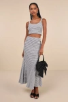 Lulus Classic Choice Navy Blue Gingham Trumpet Hem Midi Skirt In Navy Blue