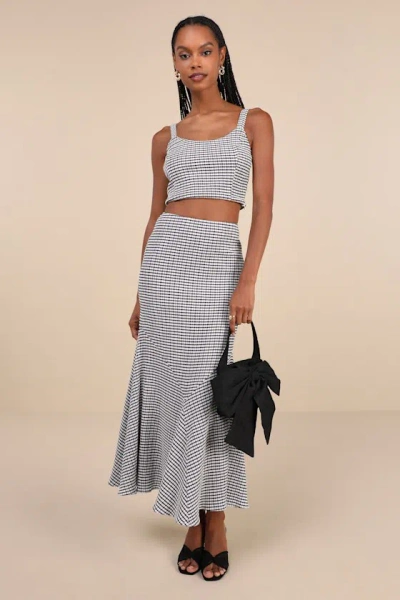 Lulus Classic Choice Navy Blue Gingham Trumpet Hem Midi Skirt