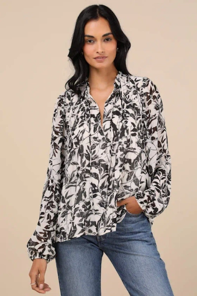 Lulus Classic Concept White And Black Floral Pleated Long Sleeve Top