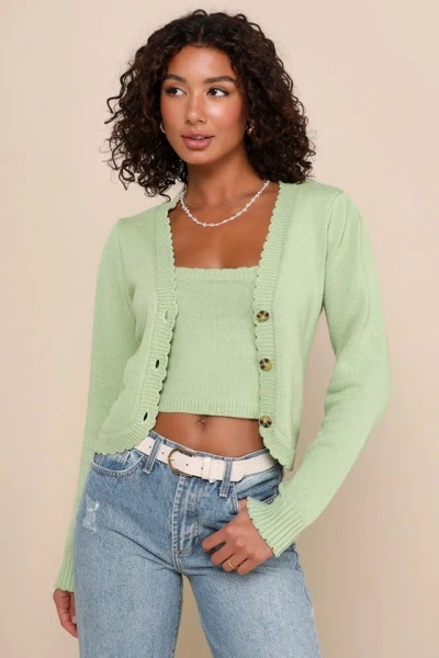 Lulus Classic Coziness Green Knit Cropped Tank Top And Cardigan Set