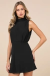 Lulus Classic Elegance Black Chiffon Sleeveless Mock Neck Mini Dress In Black