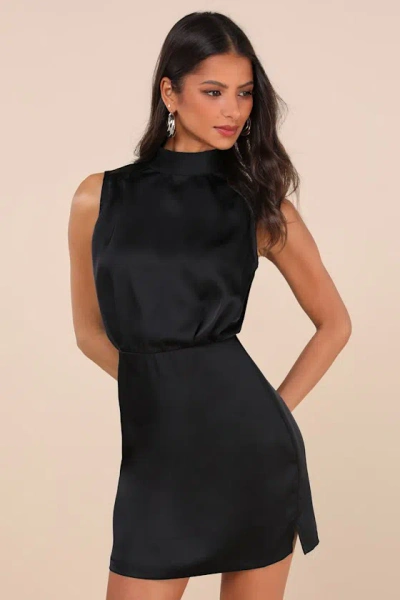 Lulus Classic Elegance Black Satin Sleeveless Mock Neck Mini Dress