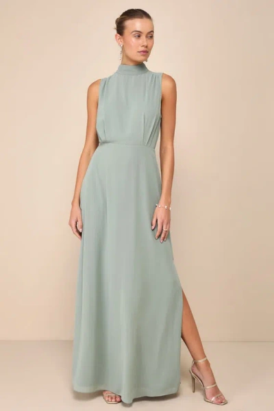 Lulus Classic Elegance Chiffon Sage Sleeveless Mock Neck Maxi Dress In Green