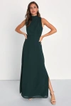 Lulus Classic Elegance Emerald Chiffon Sleeveless Mock Neck Maxi Dress In Green