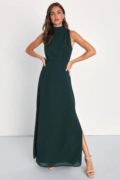 Lulus Classic Elegance Emerald Chiffon Sleeveless Mock Neck Maxi Dress In Green