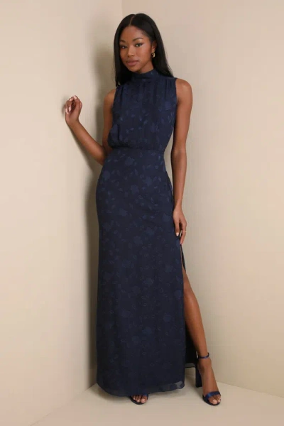 Lulus Classic Elegance Navy Blue Burnout Mock Neck Maxi Dress