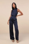 Lulus Classic Elegance Navy Blue Satin Sleeveless Mock Neck Jumpsuit In Navy Blue
