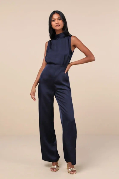 Lulus Classic Elegance Navy Blue Satin Sleeveless Mock Neck Jumpsuit