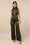 Lulus Classic Elegance Olive Green Satin Sleeveless Mock Neck Jumpsuit In Olive Green