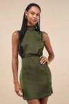 Lulus Classic Elegance Olive Satin Sleeveless Mock Neck Mini Dress In Green