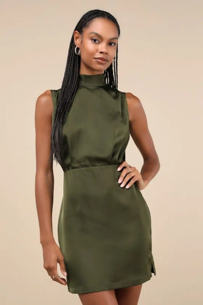 Lulus Classic Elegance Olive Satin Sleeveless Mock Neck Mini Dress In Green