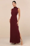 Lulus Classic Elegance Plum Chiffon Sleeveless Mock Neck Maxi Dress In Red