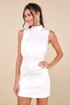 Lulus Classic Elegance White Satin Sleeveless Mock Neck Mini Dress In White