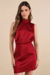 Lulus Classic Elegance Wine Red Satin Sleeveless Mock Neck Mini Dress In Wine Red