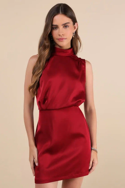 Lulus Classic Elegance Wine Red Satin Sleeveless Mock Neck Mini Dress