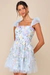 Lulus Classic Romance Blue 3d Floral Applique Tie-strap Mini Dress In Blue