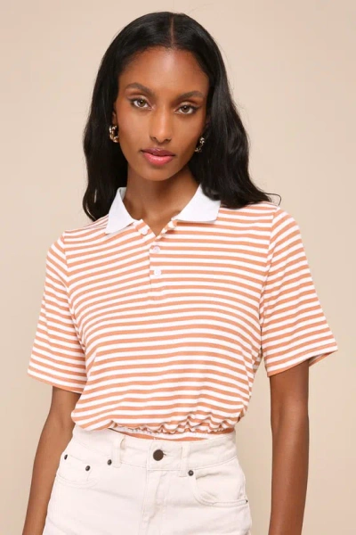 Lulus Classic Vibes Light Orange Striped Collared Short Sleeve Top