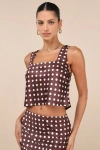 Lulus Classically Charismatic Brown Polka Dot Satin Cropped Tank Top In Brown