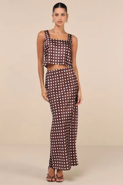 Lulus Classically Charismatic Brown Polka Dot Satin Maxi Skirt | ModeSens