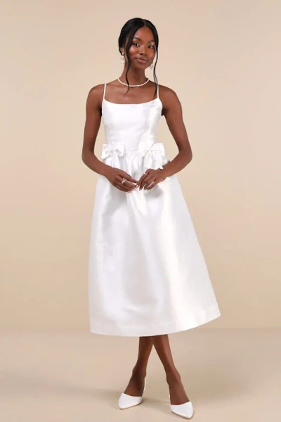 Lulus Classy Aesthetic White Taffeta Bow Midi Dress With Pockets