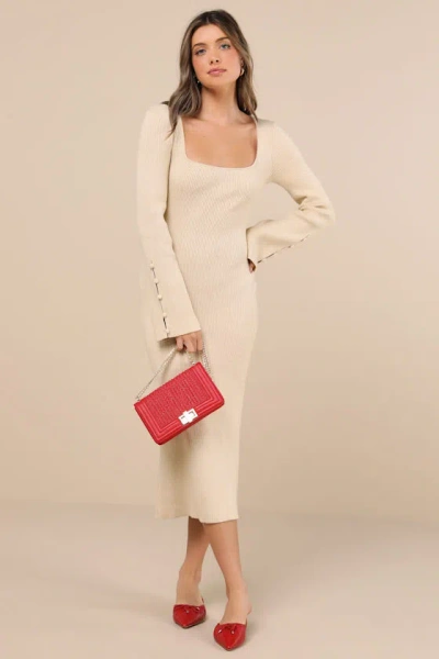 Lulus Classy Attitude Beige Ribbed Square Neck Midi Sweater Dress