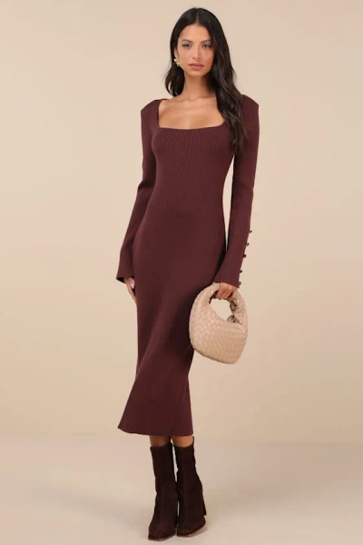 Lulus Classy Attitude Brown Ribbed Square Neck Midi Sweater Dress