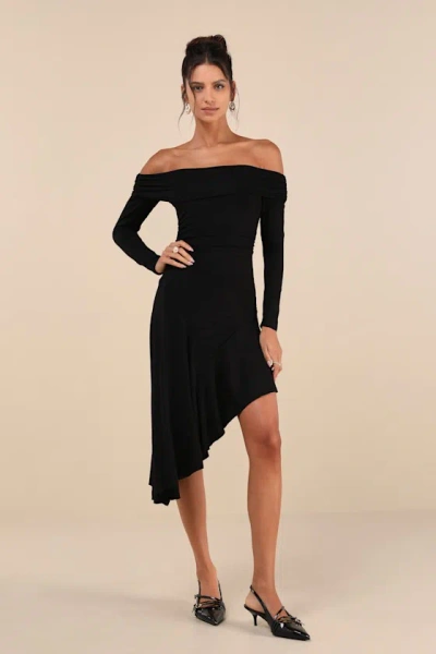 Lulus Classy Aura Black Off-the-shoulder Asymmetrical Midi Dress