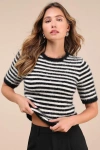 Lulus Classy Comfort Black And White Striped Eyelash Knit Sweater Top In Black And White