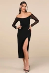 Lulus Classy Demeanor Black Off-the-shoulder Midi Dress In Black