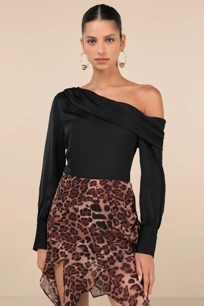 Lulus Classy Mood Black Satin One-shoulder Long Sleeve Top