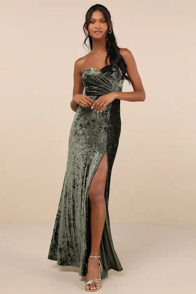 Lulus Classy Sensation Olive Velvet Pleated Strapless Maxi Dress In Green
