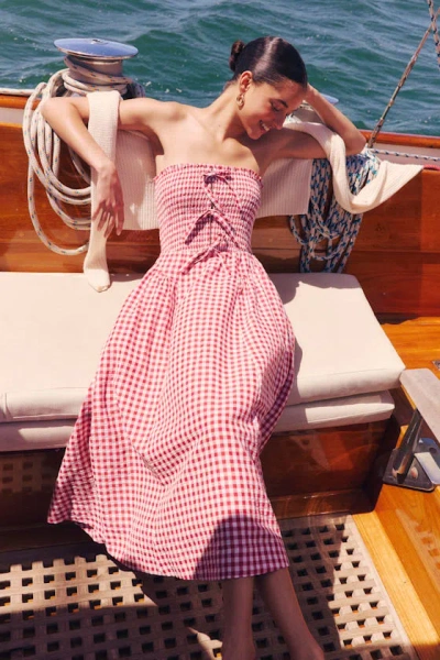 Lulus Clementina Red Gingham Smocked Midi Dress In Pink