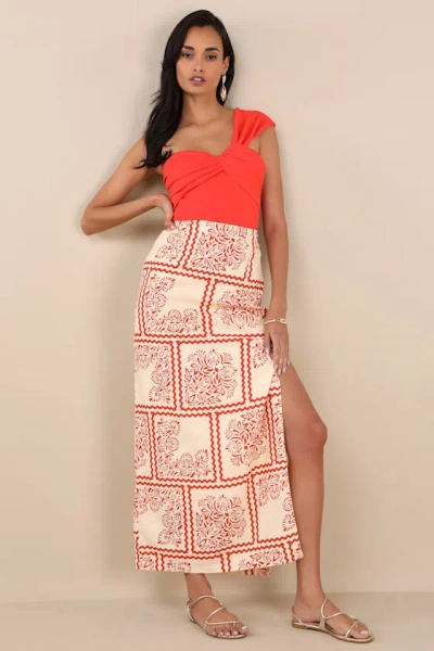 Lulus Clementine Cream And Red Boho Print High-rise Maxi Skirt In White