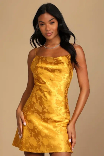 Lulus Close To Your Heart Golden Yellow Satin Jacquard Cowl Slip Dress