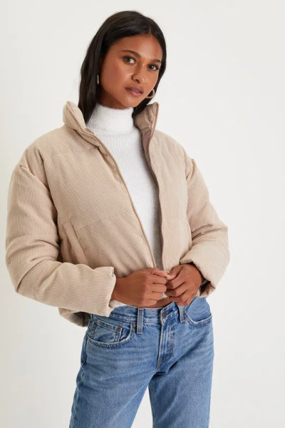 Lulus Cloud Nine Cutie Beige Cropped Corduroy Puffer Jacket