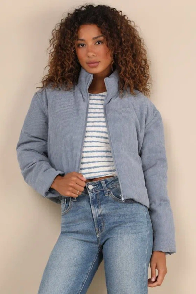 Lulus Cloud Nine Cutie Slate Blue Cropped Corduroy Puffer Jacket