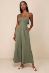 Shop Lulus Coastal Air Olive Green Striped Tie-back Culotte Jumpsuit