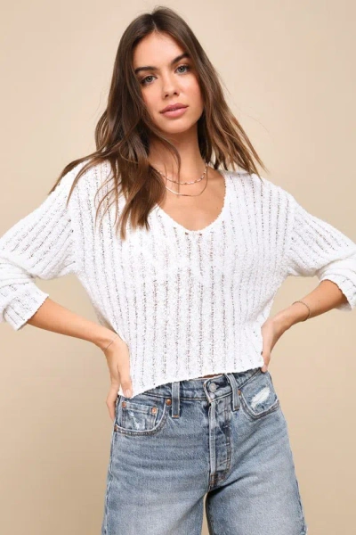 Lulus Coastal Style White Loose Knit V-neck Long Sleeve Sweater Top