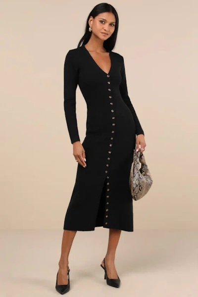 Lulus Cold Weather Crush Black Button-up Sweater Midi Dress