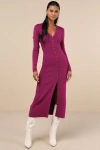Lulus Cold Weather Crush Purple Button-up Sweater Midi Dress In Purple