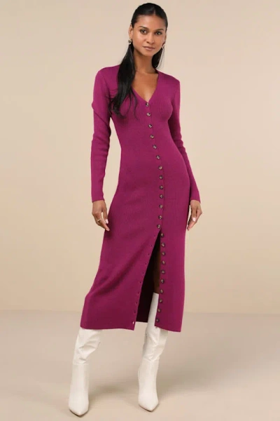 Lulus Cold Weather Crush Purple Button-up Sweater Midi Dress