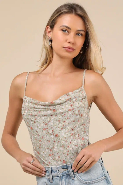 Lulus Colissa Sage Green Floral Mesh Cowl Backless Bodysuit