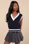 Lulus Collegiate Charm Navy Blue And Ivory Sweater Vest Top In Blue And Ivory