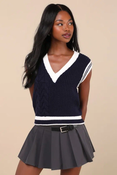 Lulus Collegiate Charm Navy Blue And Ivory Sweater Vest Top